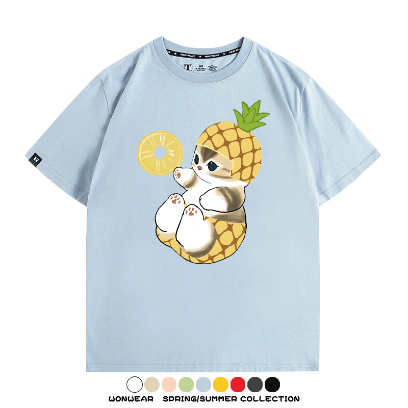 菠蘿貓福珊迪二次元情侶裝t恤衫聯名純棉圓領短袖上衣服卡通喵半袖男