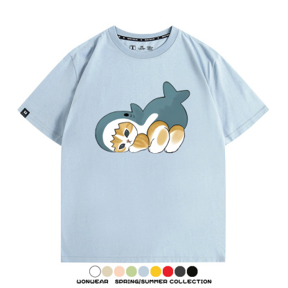 鯊魚貓福珊迪日系COS二次元卡通玩耍情侶短袖上衣純棉T恤衫夏季男寬鬆