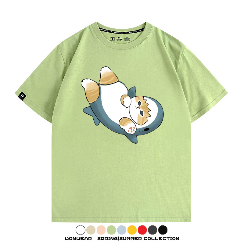 鯊魚貓福珊迪日系COS二次元卡通玩耍情侶短袖上衣純棉T恤衫夏季男寬鬆