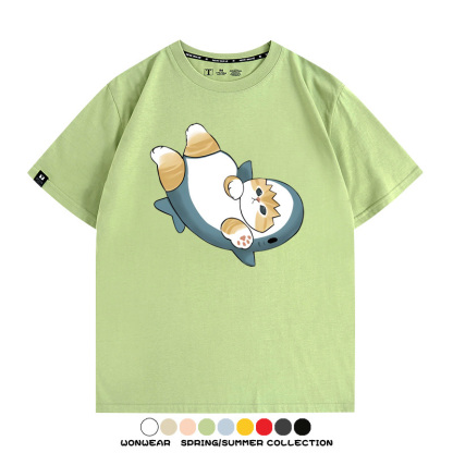 鯊魚貓福珊迪日系COS二次元卡通玩耍情侶短袖上衣純棉T恤衫夏季男寬鬆