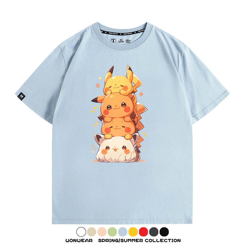 寶可夢皮卡丘可愛疊疊樂 親子情侶裝寬鬆短袖T