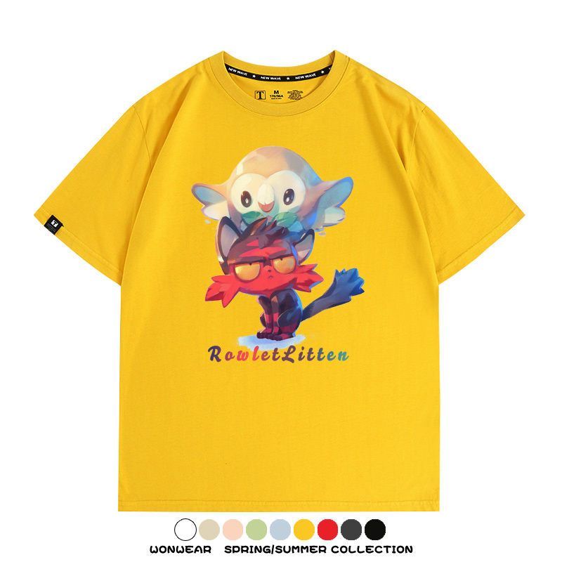 精靈寶可夢日月遊戲木木梟火斑喵卡通周邊短袖夏季男士純棉T恤衫