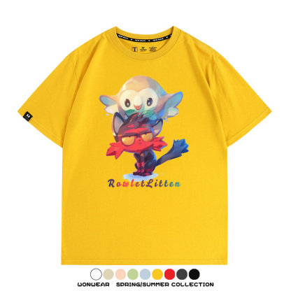 精靈寶可夢日月遊戲木木梟火斑喵卡通周邊短袖夏季男士純棉T恤衫