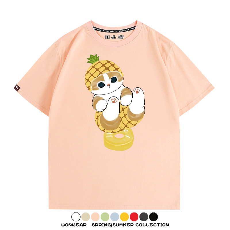 菠蘿貓福珊迪二次元情侶裝t恤衫聯名純棉圓領短袖上衣服卡通喵半袖男