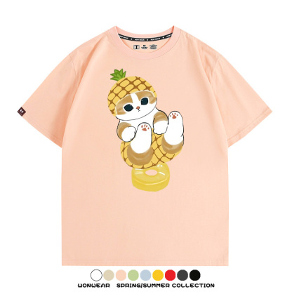 菠蘿貓福珊迪二次元情侶裝t恤衫聯名純棉圓領短袖上衣服卡通喵半袖男