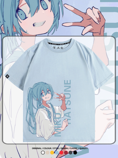 初音未來日系二次元miku卡通動漫周邊情侶短袖夏季男潮純棉T恤衫