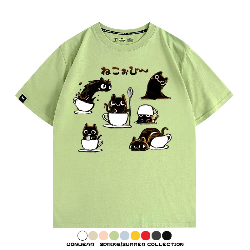 貓貓咖啡惡魔卡通可愛Q版打工人情侶短袖夏季青少年男寬鬆純棉T恤