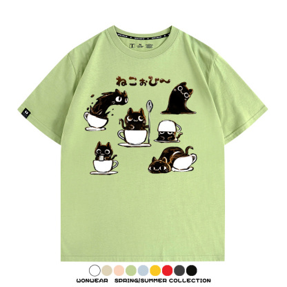 貓貓咖啡惡魔卡通可愛Q版打工人情侶短袖夏季青少年男寬鬆純棉T恤