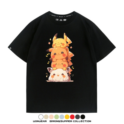 寶可夢皮卡丘可愛疊疊樂 親子情侶裝寬鬆短袖T