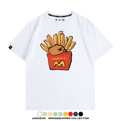 網紅水豚可愛卡皮巴拉COS麥門漢堡薯條二次元青少年夏季純棉T恤衫