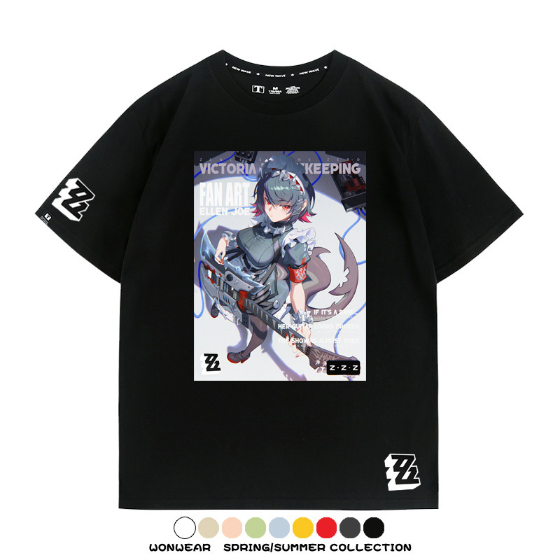 絕區零遊戲鯊魚妹艾蓮聯名款短袖夏季青少年男潮純棉寬鬆百搭T恤