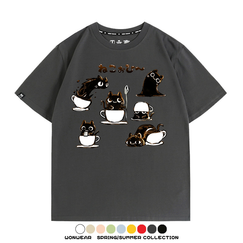 貓貓咖啡惡魔卡通可愛Q版打工人情侶短袖夏季青少年男寬鬆純棉T恤