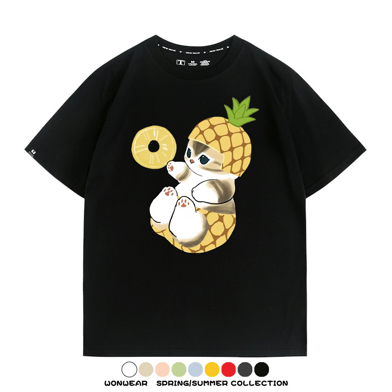 菠蘿貓福珊迪二次元情侶裝t恤衫聯名純棉圓領短袖上衣服卡通喵半袖男