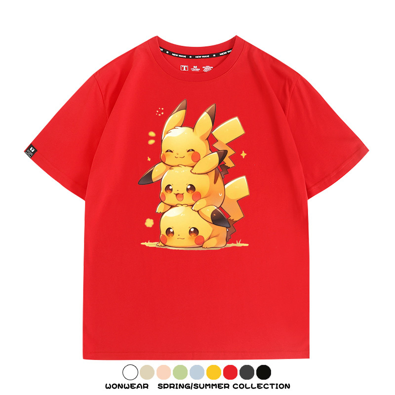寶可夢皮卡丘可愛疊疊樂 親子情侶裝寬鬆短袖T
