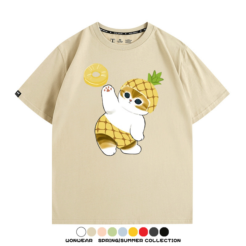 菠蘿貓福珊迪二次元情侶裝t恤衫聯名純棉圓領短袖上衣服卡通喵半袖男