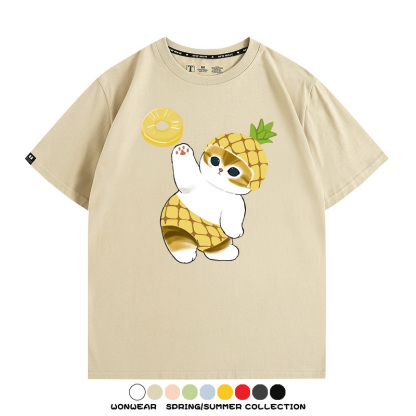 菠蘿貓福珊迪二次元情侶裝t恤衫聯名純棉圓領短袖上衣服卡通喵半袖男