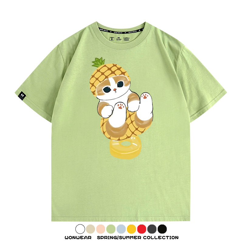 菠蘿貓福珊迪二次元情侶裝t恤衫聯名純棉圓領短袖上衣服卡通喵半袖男