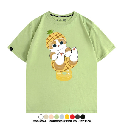 菠蘿貓福珊迪二次元情侶裝t恤衫聯名純棉圓領短袖上衣服卡通喵半袖男