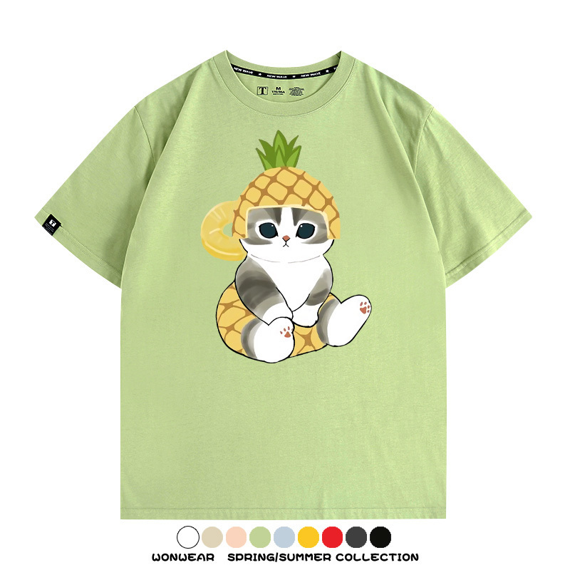 菠蘿貓福珊迪二次元情侶裝t恤衫聯名純棉圓領短袖上衣服卡通喵半袖男