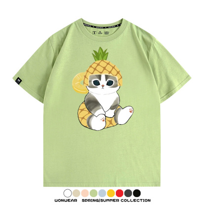 菠蘿貓福珊迪二次元情侶裝t恤衫聯名純棉圓領短袖上衣服卡通喵半袖男