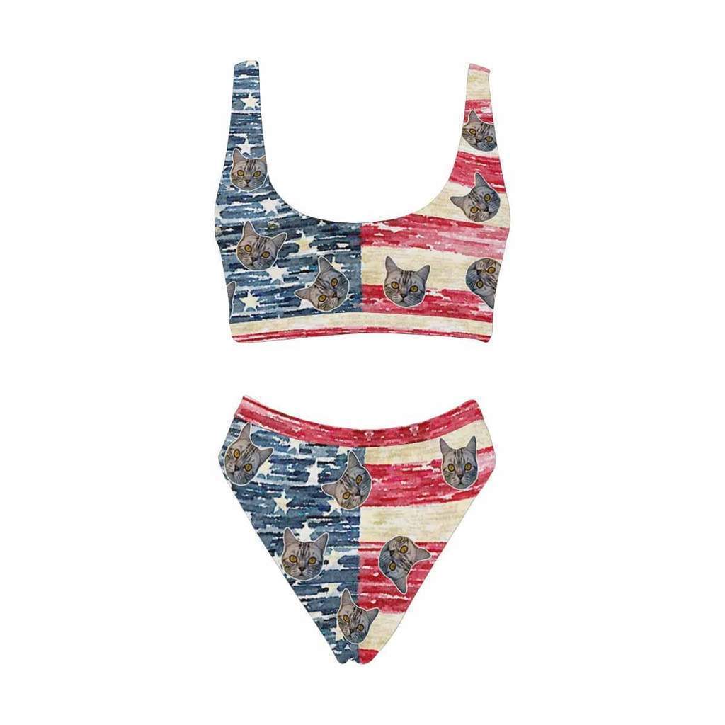 カスタムフェイス水着‐スポーツビキニ女性の写真ハイウエスト水着-アメリカの国旗