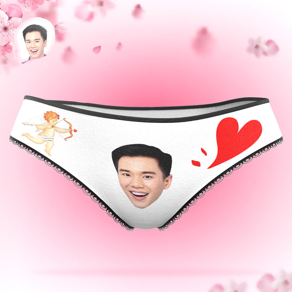 記念日プレゼント-カスタムフォトパンティ-写真入れ可能なキューピッドとハート柄の女性用下着