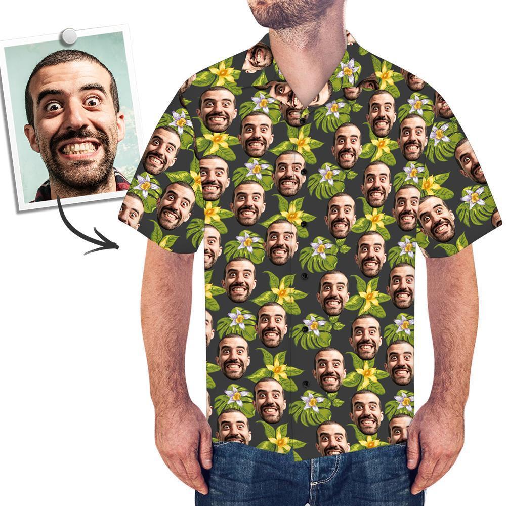 Custom Face Men's Hawaiian Shirt Green Flowers - MyfacesocksJP