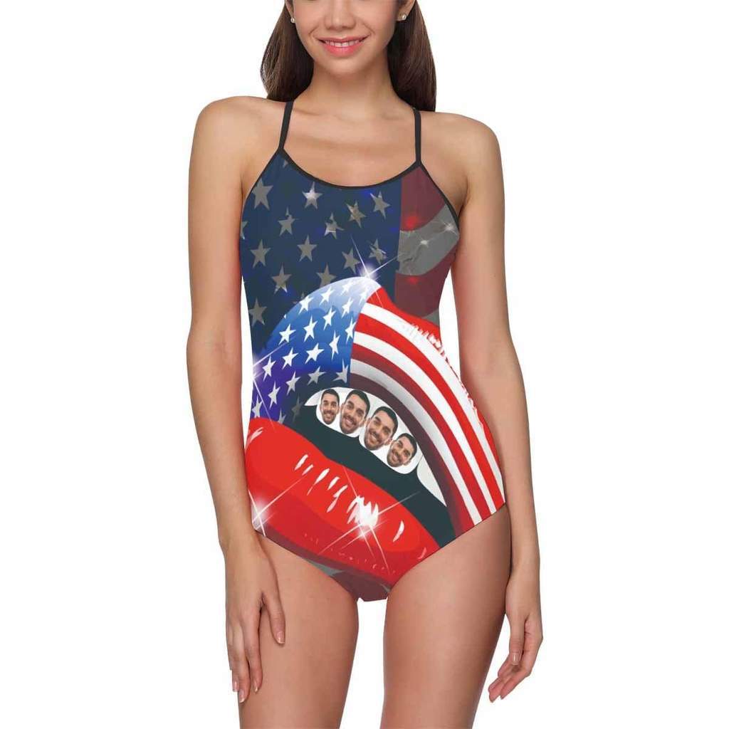 カスタムフェイス水着‐レディースフォトサスペンダーワンピース型水着-アメリカ国旗と唇