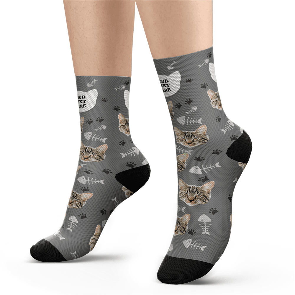 Custom Cat Photo Socks With Your Text - MyPhotoSocks