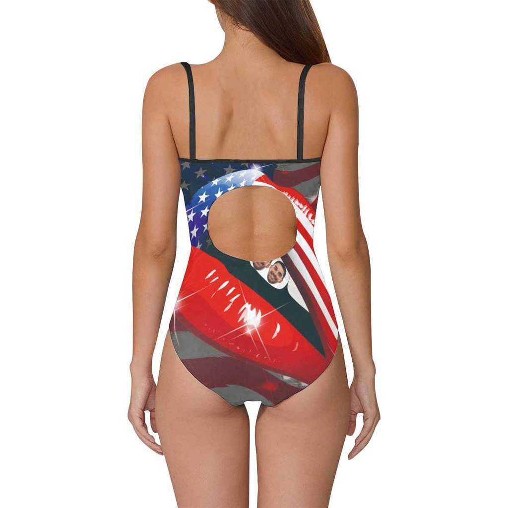 カスタムフェイス水着‐レディースフォトサスペンダーワンピース型水着-アメリカ国旗と唇