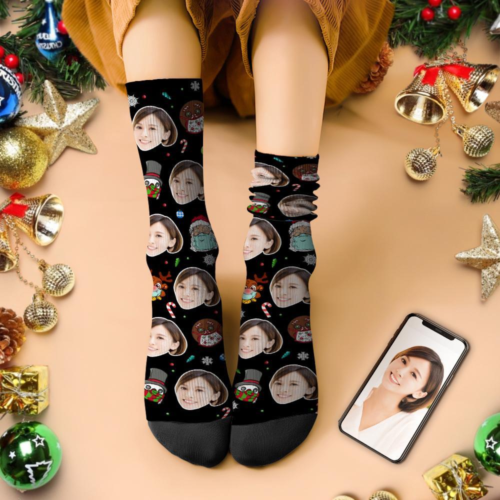 カスタムフェイスソックス-写真入り可能なオリジナルクリスマス靴下-トナカイと雪だるま柄