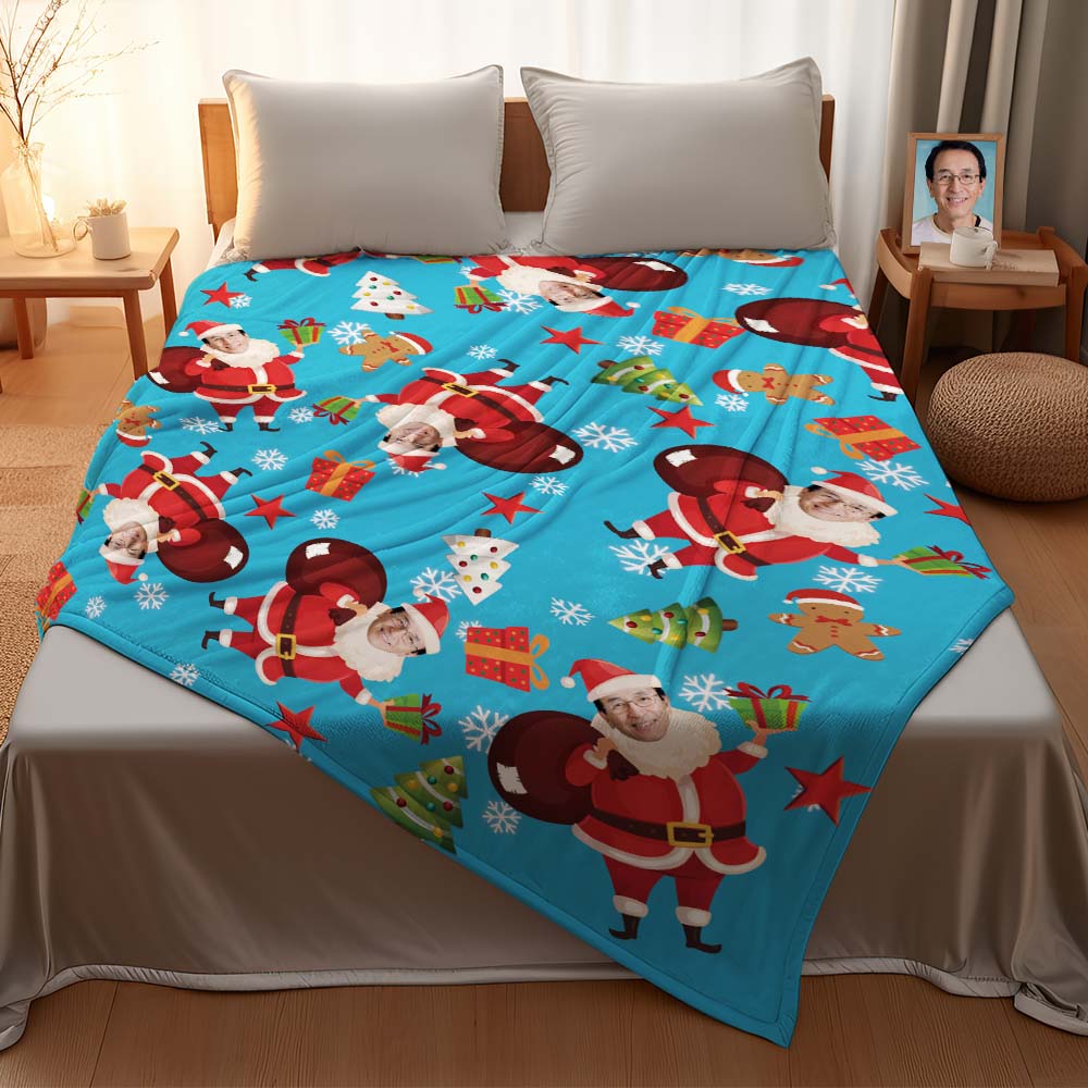 カスタムフォトブランケット - 写真入れ可能なクリスマスフリース毛布ひざかけギフト - プレゼントを届けるサンタクロース
