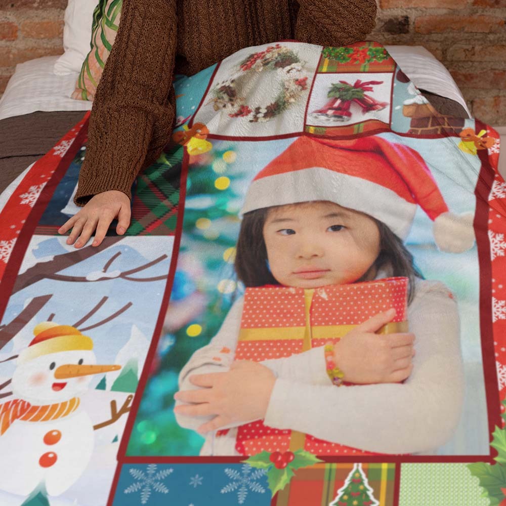 カスタムフォトブランケット-写真入れ可能なサクリスマスの雪だるま柄のフリース毛布子供へのクリスマスひざかけギフト