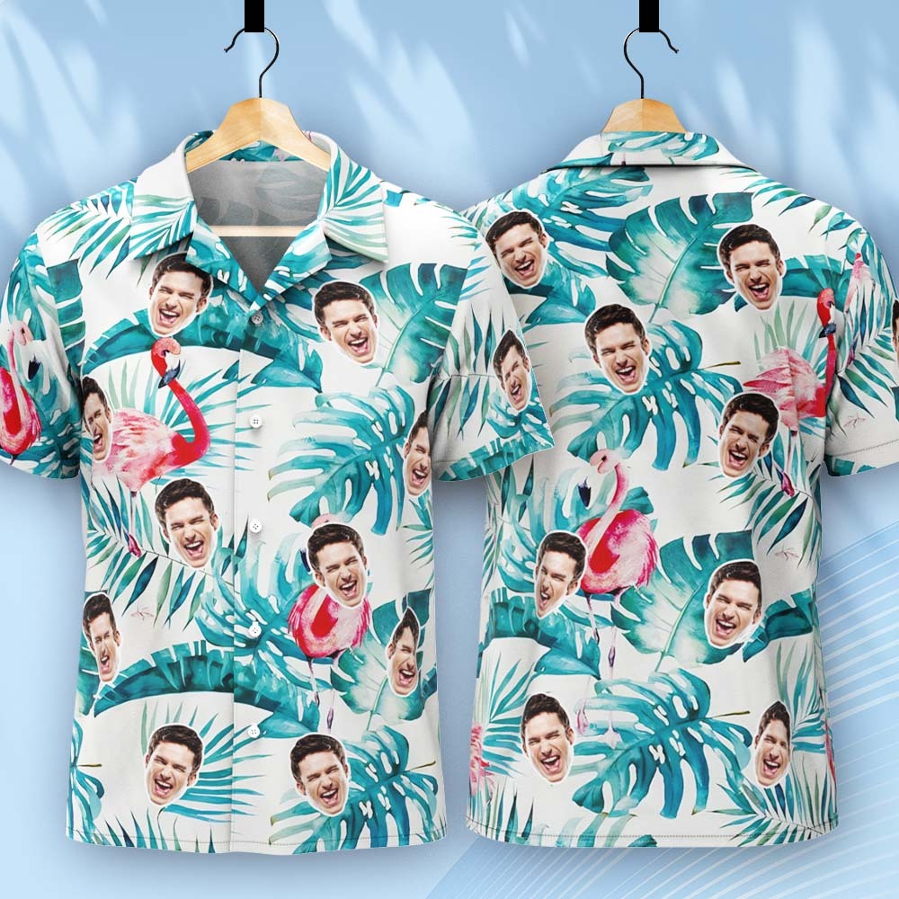 カスタムフェイスアロハシャツ - 写真入れ可能な男性用サマーフラミンゴと葉柄アロハシャツギフト