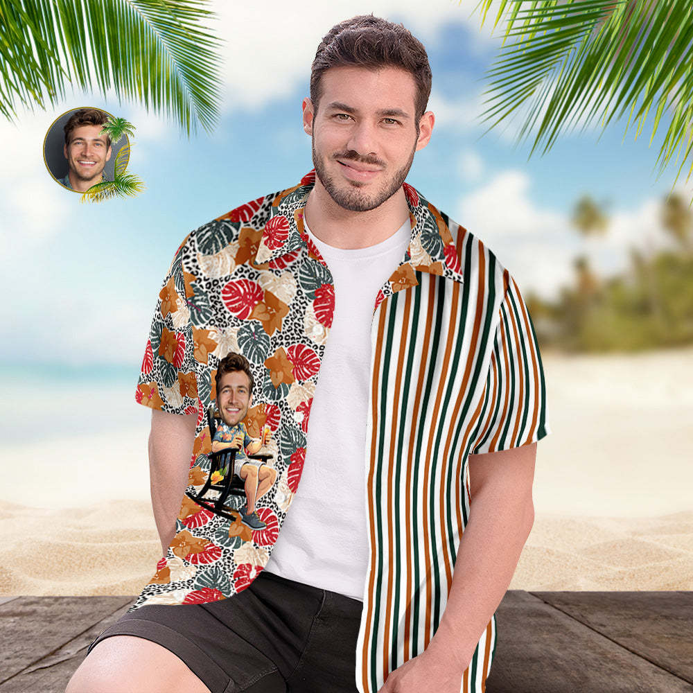 カスタムフォトアロハシャツ－写真入り可能なオリジナル縦縞アロハシャツ-茶色の花