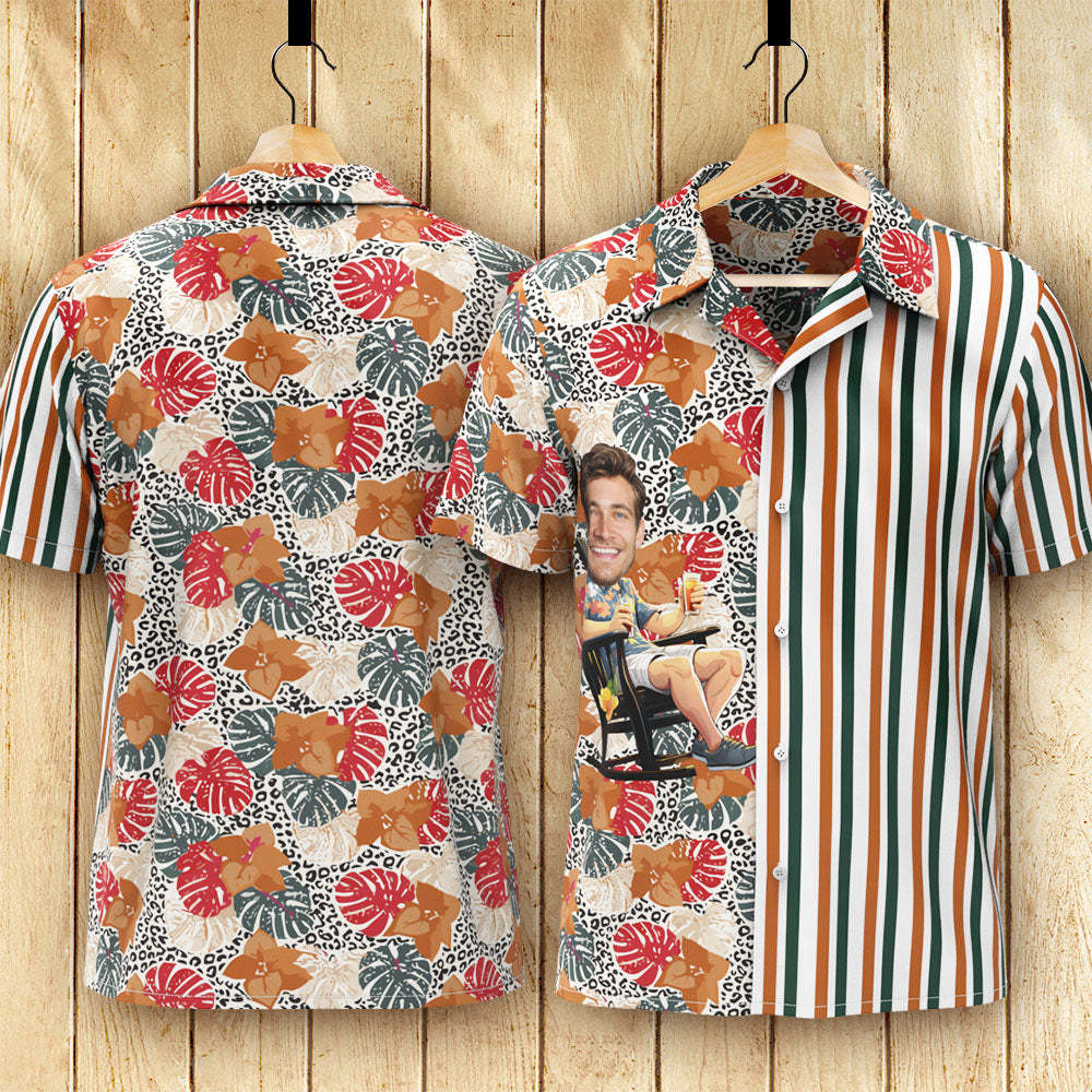 カスタムフォトアロハシャツ－写真入り可能なオリジナル縦縞アロハシャツ-茶色の花