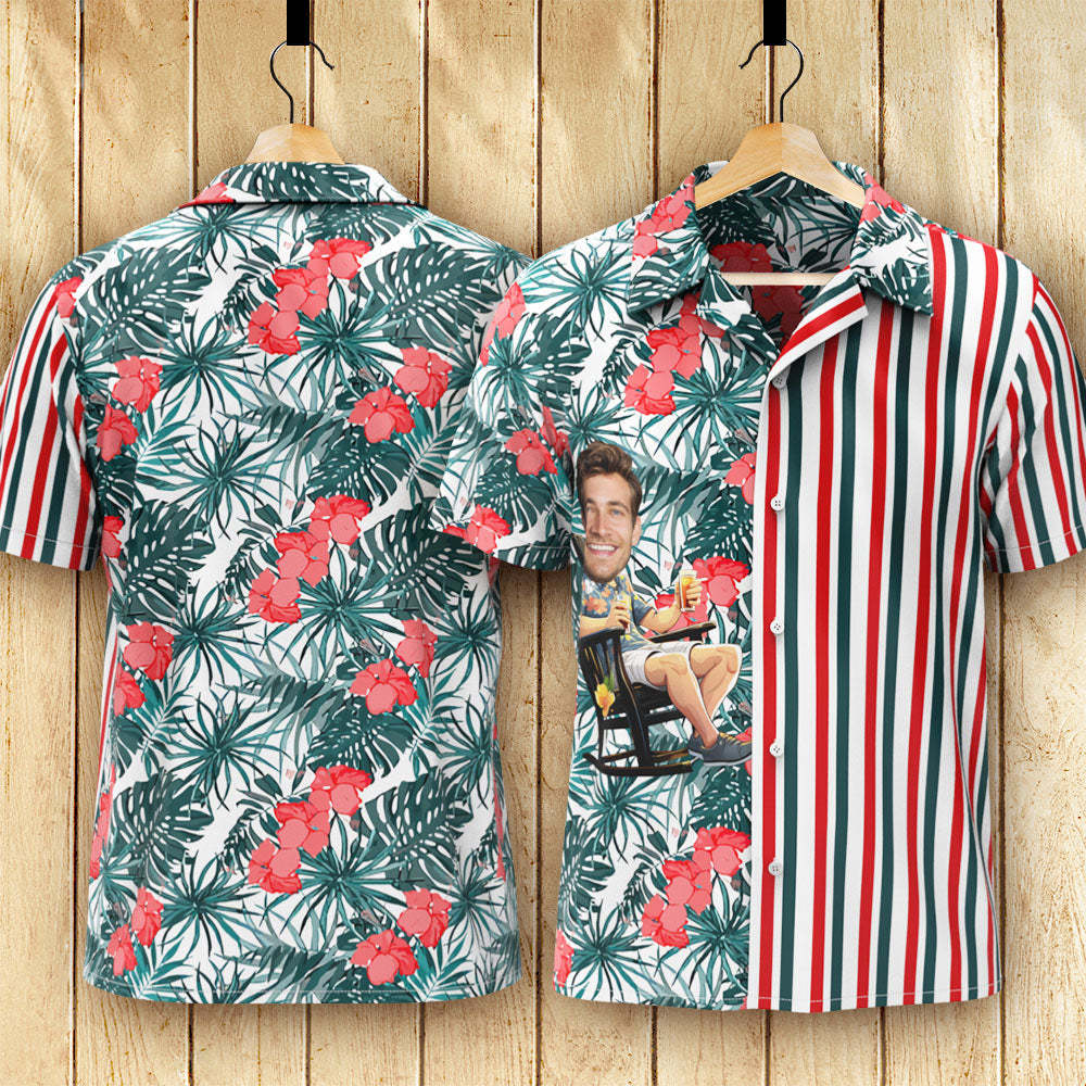 カスタムフォトアロハシャツ－写真入り可能なオリジナル縦縞アロハシャツ-赤い花