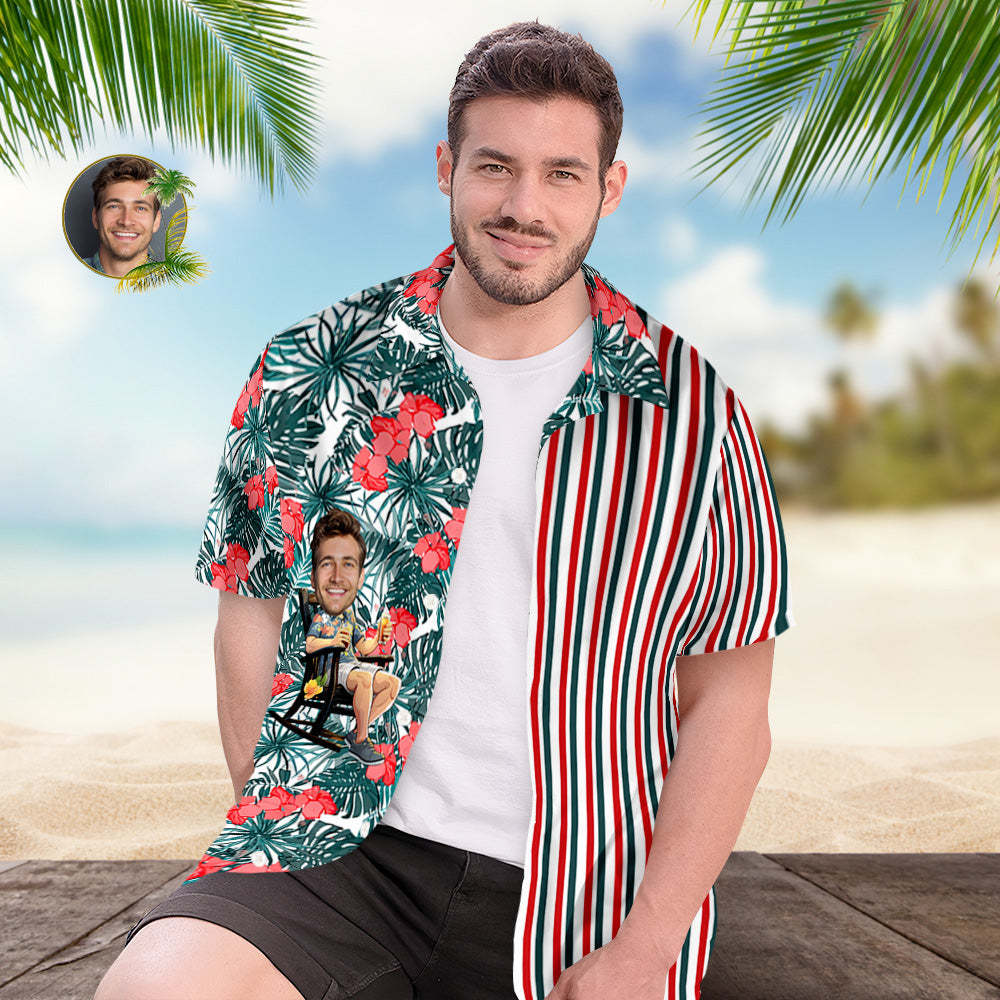 カスタムフォトアロハシャツ－写真入り可能なオリジナル縦縞アロハシャツ-赤い花
