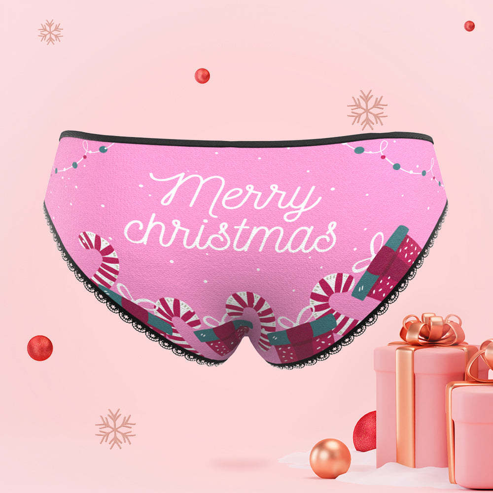 カスタムフォトパンティー-写真入れ可能なサンタクロースのプレゼント柄のクリスマスピンクの女性用パンティーショーツギフト