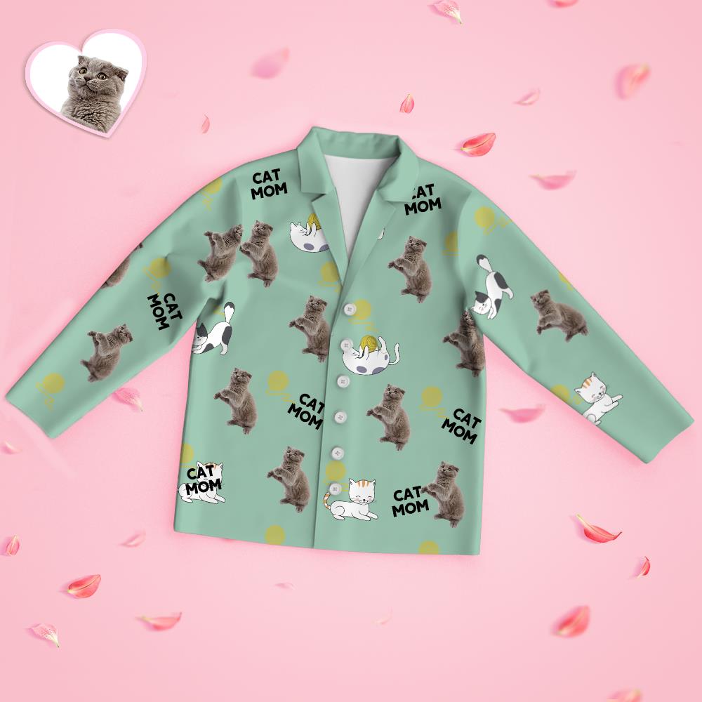 カスタムフェイス長袖パジャマパジャマセット-猫ママ