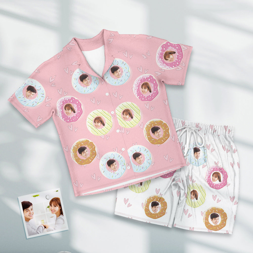カスタムフォトパジャマ－カップル写真入れ可能なオリジナル夏の涼しい半袖パジャマギフト-甘いドーナツ