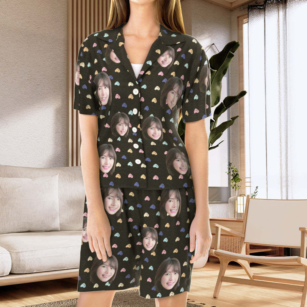カスタムフォトパジャマ－写真入れ可能なオリジナル半袖夏の涼しいパジャマギフト－可愛いハートだらけ