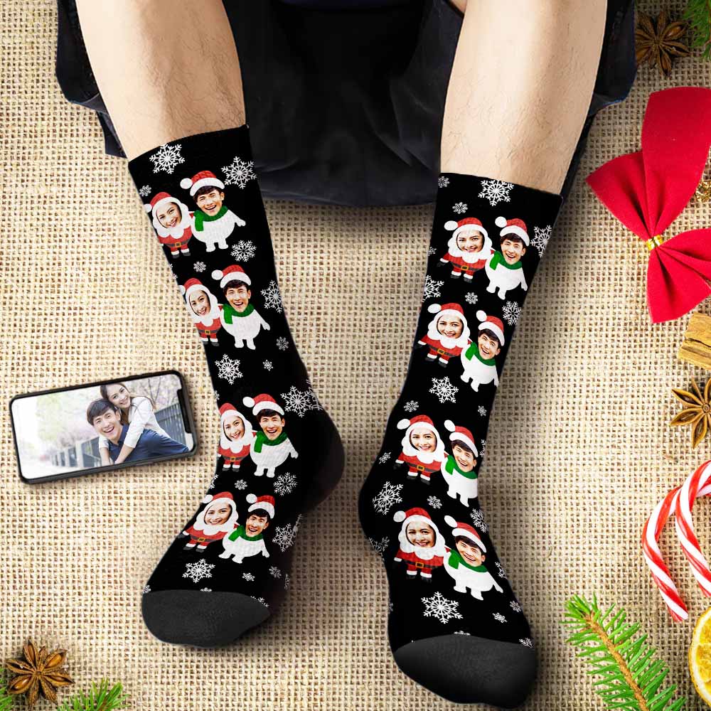 カスタムフェイスソックス-2つの顔の写真入れ可能な雪柄のオリジナル靴下プレゼント-可愛いサンタと雪だるま