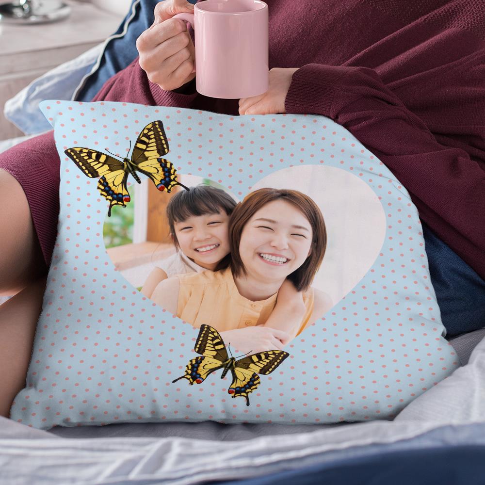 カスタム写真クッション-写真入れ可能なちようとハート柄の抱き枕お母さんへの母の日プレゼント