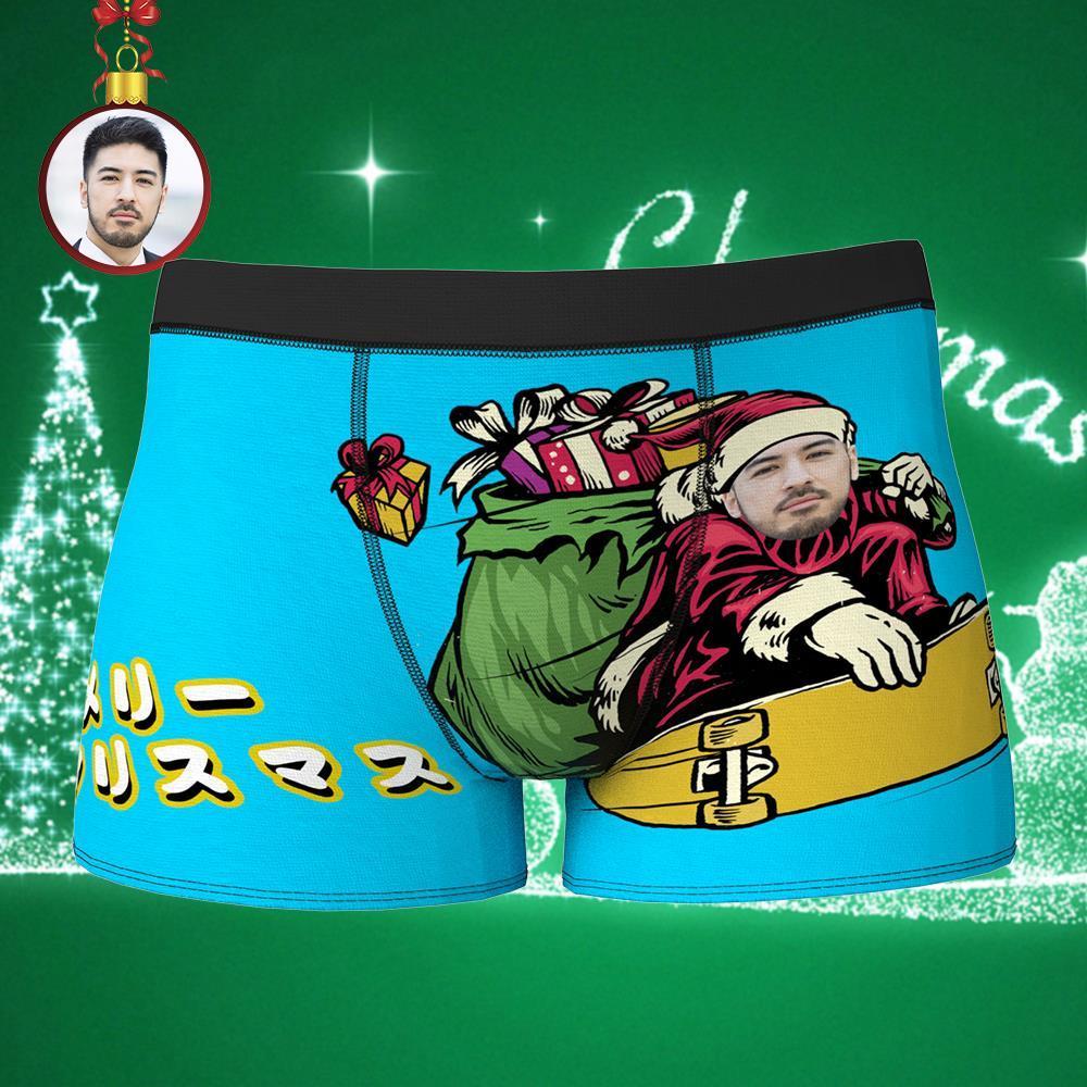 カスタムフォトボクサーパンツ-写真入れ可能なクリスマス下着ギフト-スノーボードのサンタ柄のプレゼント