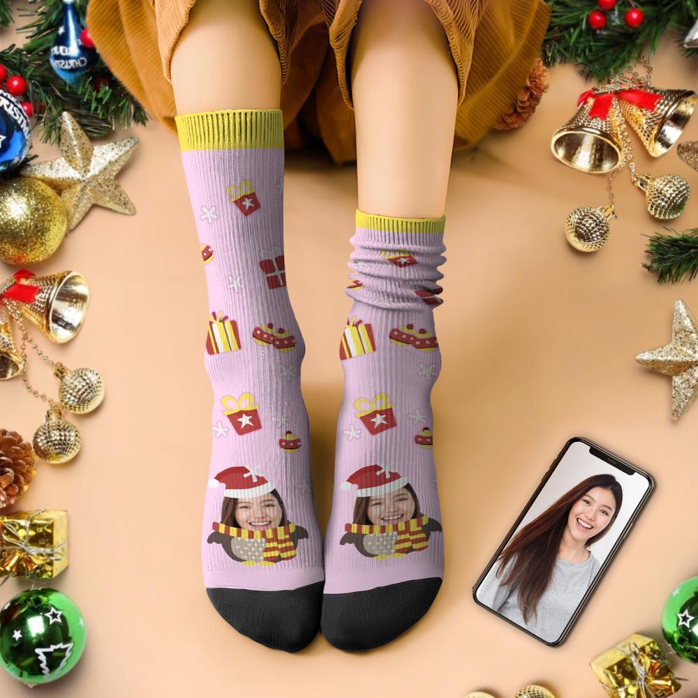 カスタムフェイスソックス-写真入り可能なオリジナルクリスマス靴下-ペンギン柄