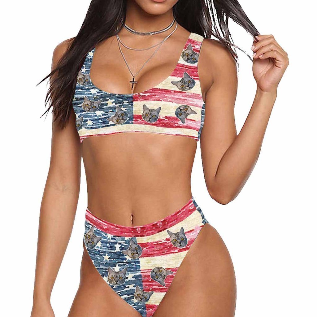 カスタムフェイス水着‐スポーツビキニ女性の写真ハイウエスト水着-アメリカの国旗