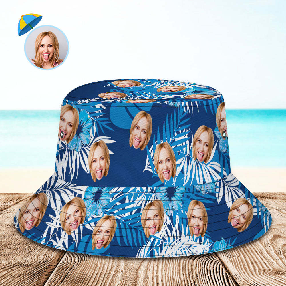 Custom Bucket Hat Personalized Face All Over Print Tropical Flower Print Hawaiian Fisherman Hat - Blue Leaves - auphotoblanket