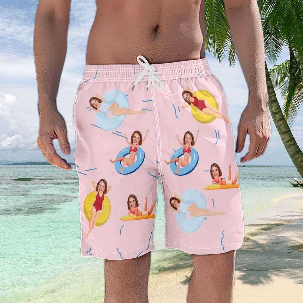 Personalized Beach Shorts for Men Summer Time Custom Face Swim Trunks - auphotoblanket