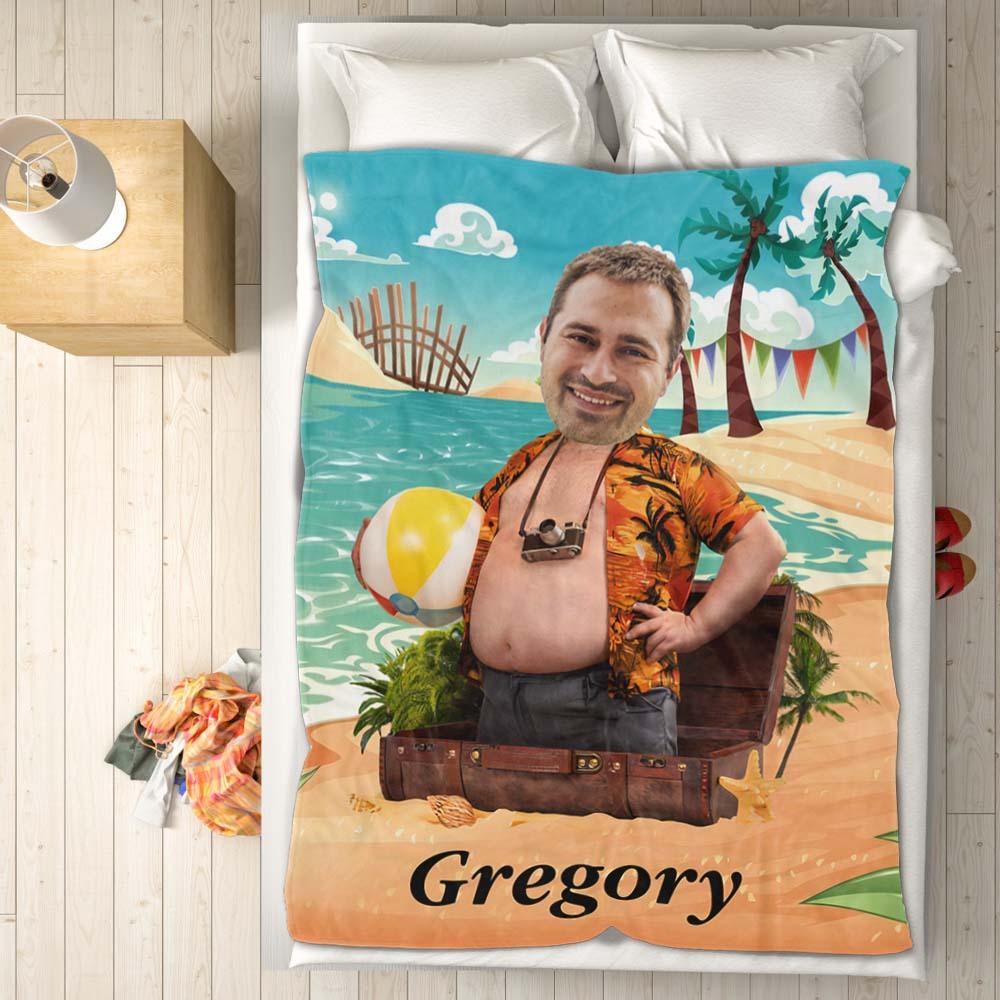 Personalized Face Photo Blanket with Custom Name for Dad Seaside Treasure Gift for Him - auphotoblanket